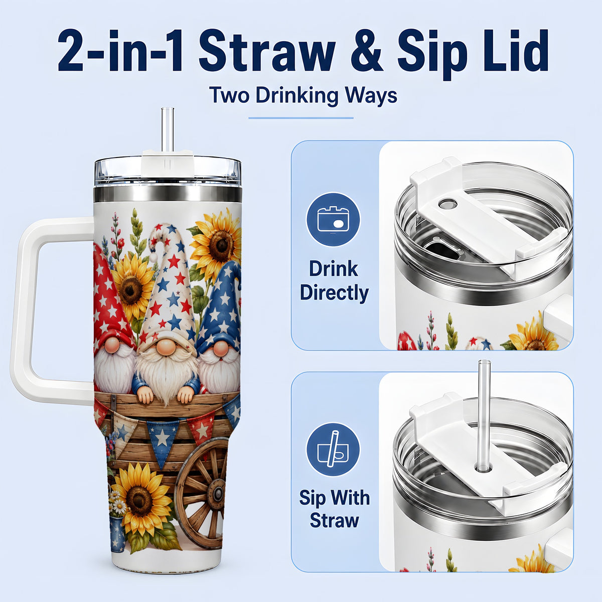 #pl[40oz|White] Patriotic Gnome Sunflower 40oz Tumbler, Red White Blue Star Design