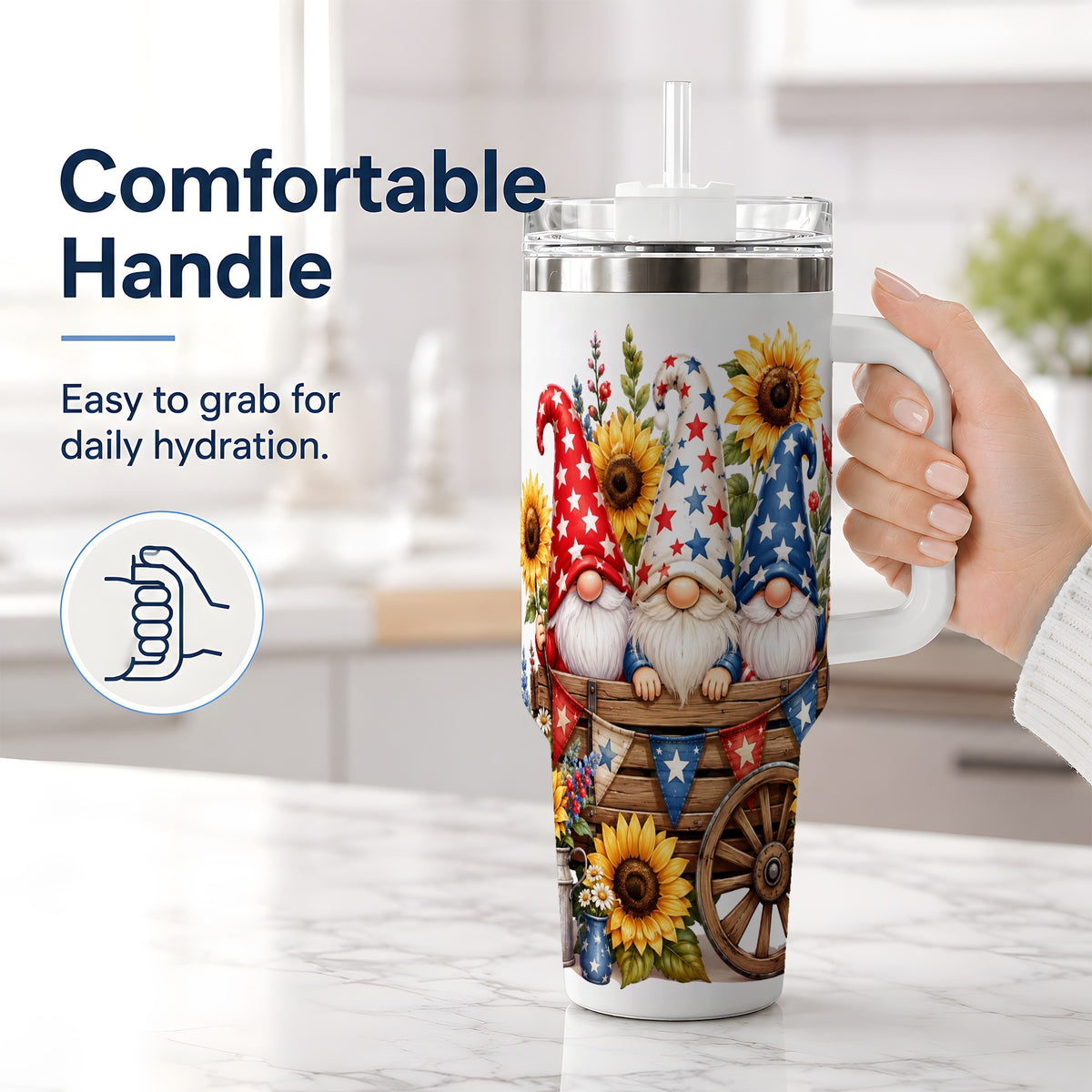 #pl[40oz|White] Patriotic Gnome Sunflower 40oz Tumbler, Red White Blue Star Design