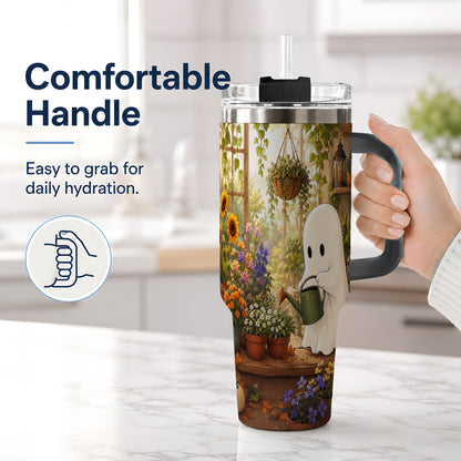 #pl[40oz|Black] Autumn Ghost Garden 40oz Tumbler, Pumpkin Sunflower Floral Design