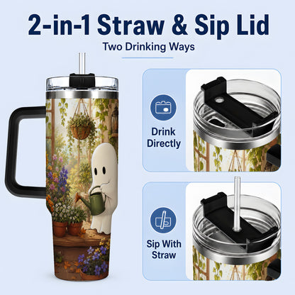 #pl[40oz|Black] Autumn Ghost Garden 40oz Tumbler, Pumpkin Sunflower Floral Design