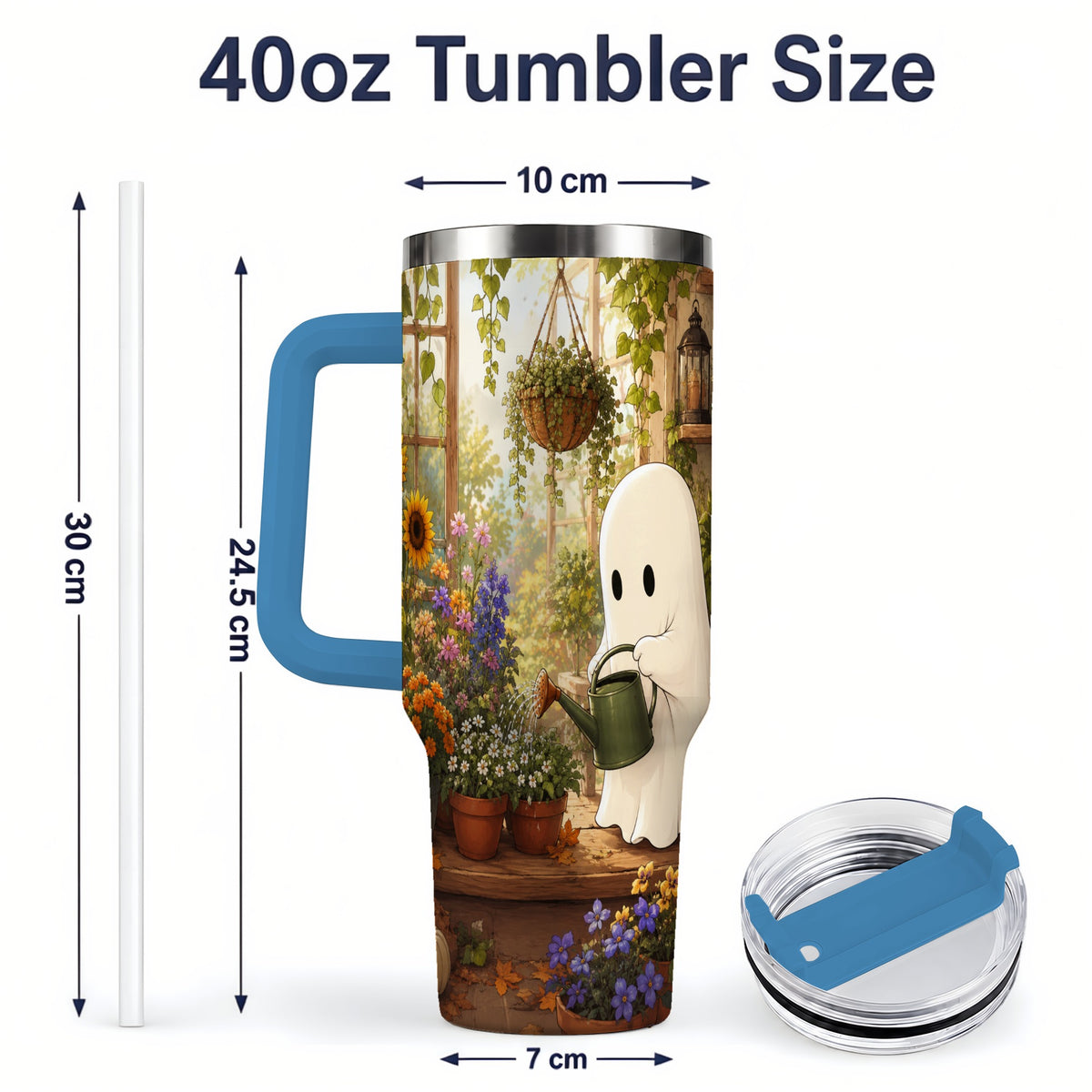 #pl[40oz|Blue] Autumn Ghost Garden 40oz Tumbler, Pumpkin Sunflower Floral Design