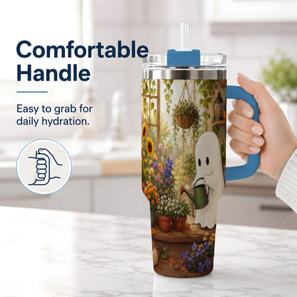 #pl[40oz|Blue] Autumn Ghost Garden 40oz Tumbler, Pumpkin Sunflower Floral Design