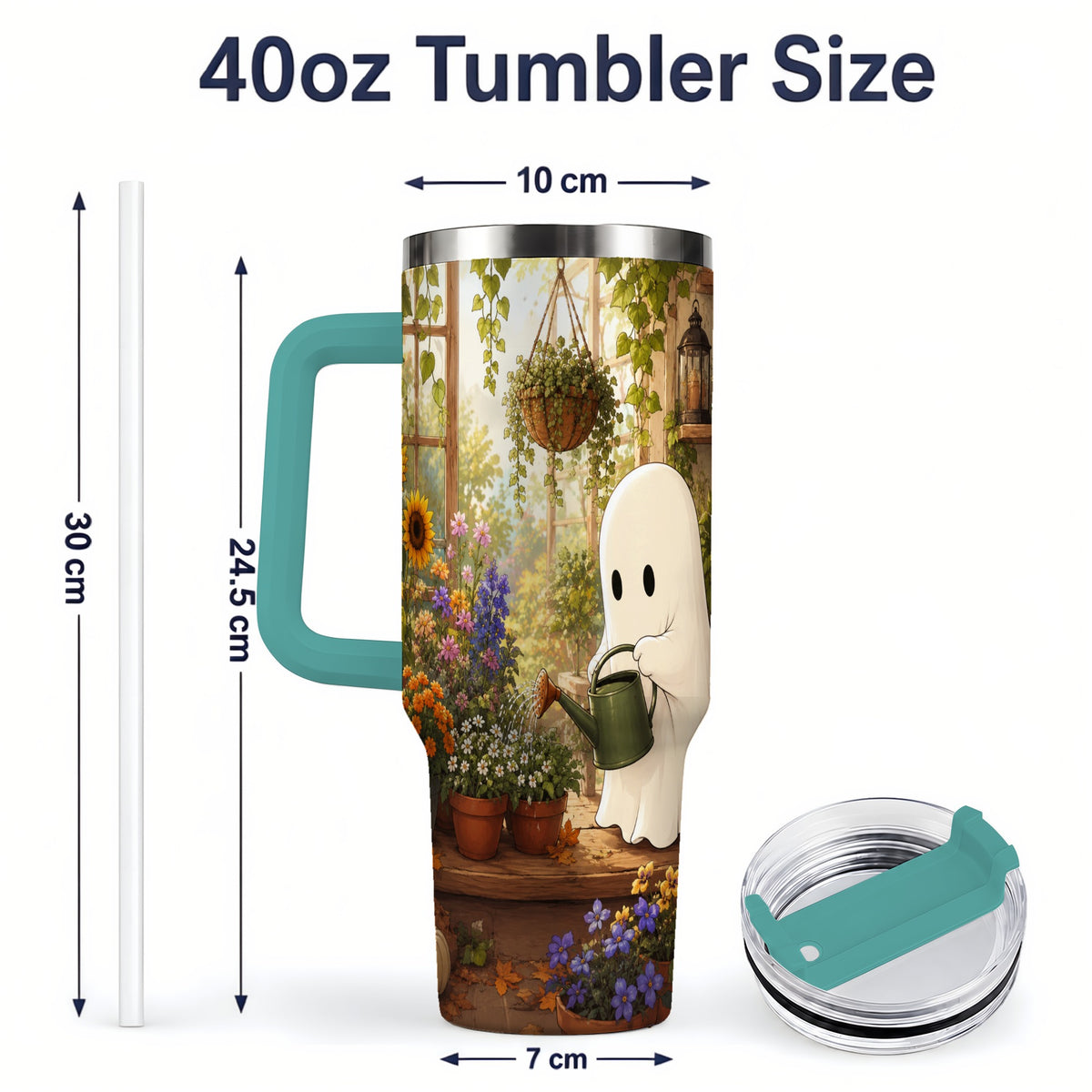 #pl[40oz|Green] Autumn Ghost Garden 40oz Tumbler, Pumpkin Sunflower Floral Design