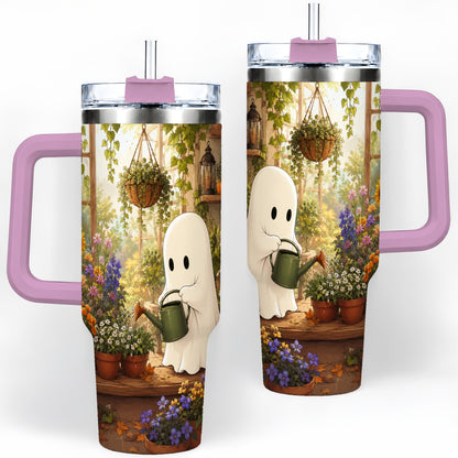 #pl[40oz|Pink] Autumn Ghost Garden 40oz Tumbler, Pumpkin Sunflower Floral Design