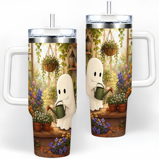 Autumn Ghost Garden 40oz Tumbler, Pumpkin Sunflower Floral Design