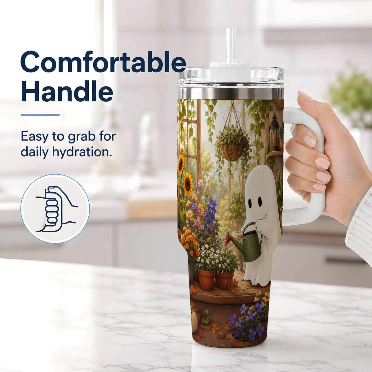 #pl[40oz|White] Autumn Ghost Garden 40oz Tumbler, Pumpkin Sunflower Floral Design