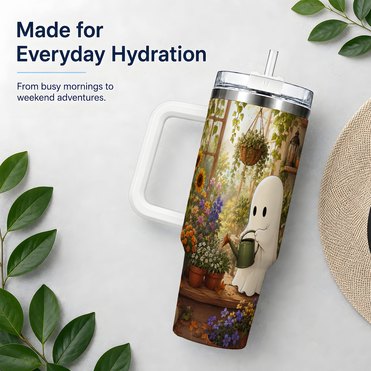 #pl[40oz|White] Autumn Ghost Garden 40oz Tumbler, Pumpkin Sunflower Floral Design