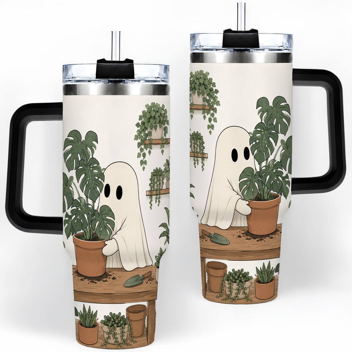#pl[40oz|Black] Plant Lover Ghost 40oz Tumbler, Monstera Houseplant Garden Design