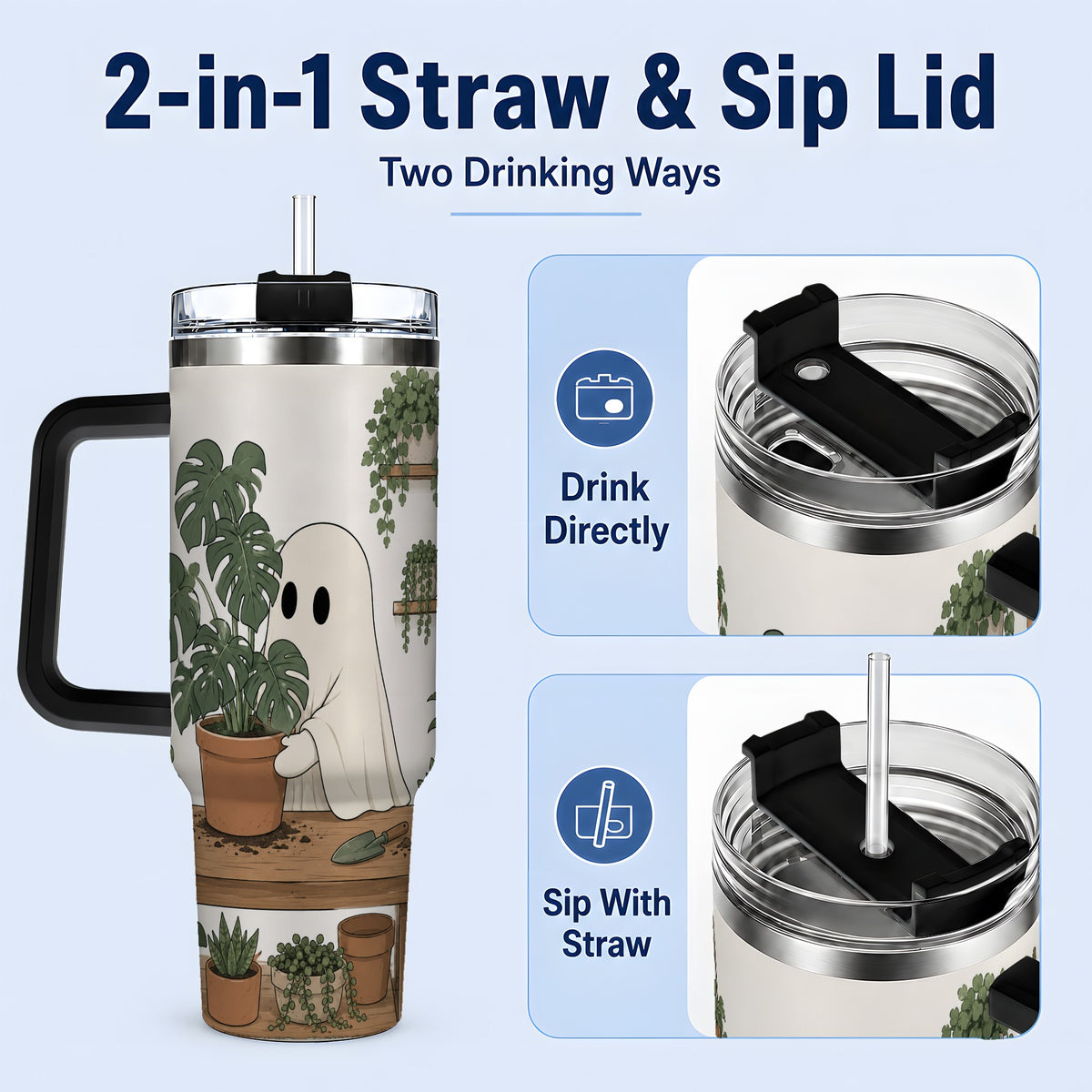 #pl[40oz|Black] Plant Lover Ghost 40oz Tumbler, Monstera Houseplant Garden Design