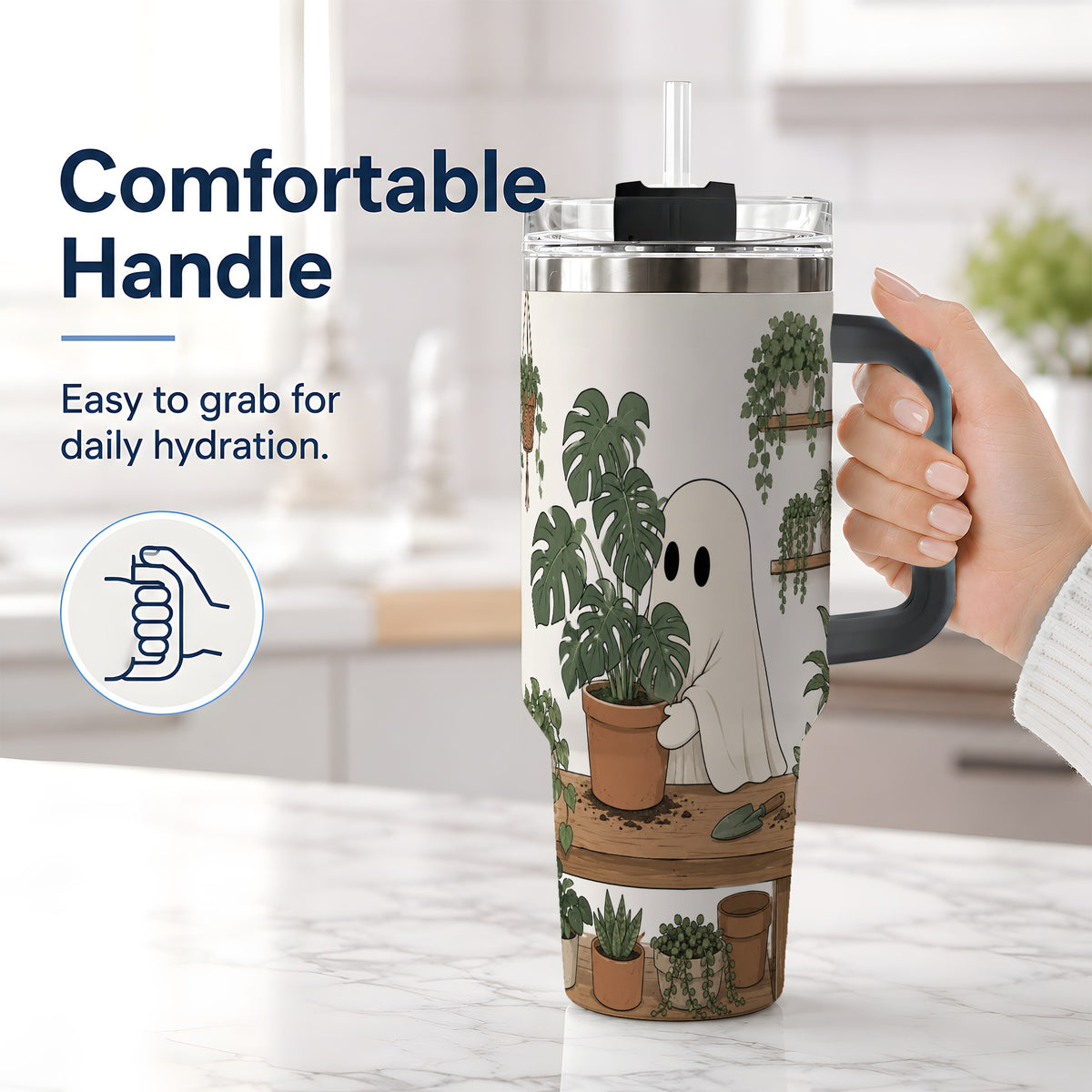 #pl[40oz|Black] Plant Lover Ghost 40oz Tumbler, Monstera Houseplant Garden Design