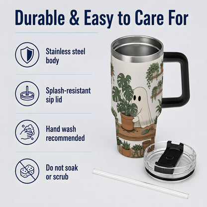 #pl[40oz|Black] Plant Lover Ghost 40oz Tumbler, Monstera Houseplant Garden Design
