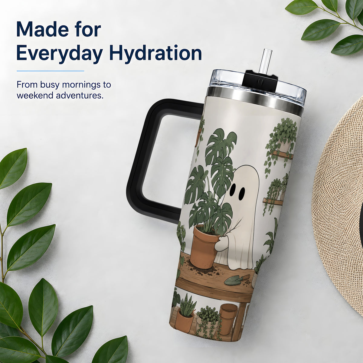 #pl[40oz|Black] Plant Lover Ghost 40oz Tumbler, Monstera Houseplant Garden Design