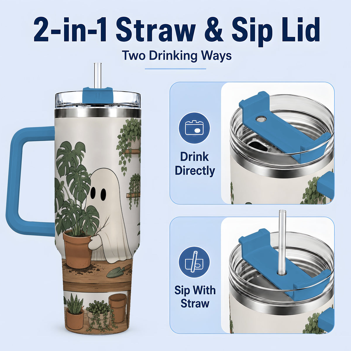 #pl[40oz|Blue] Plant Lover Ghost 40oz Tumbler, Monstera Houseplant Garden Design
