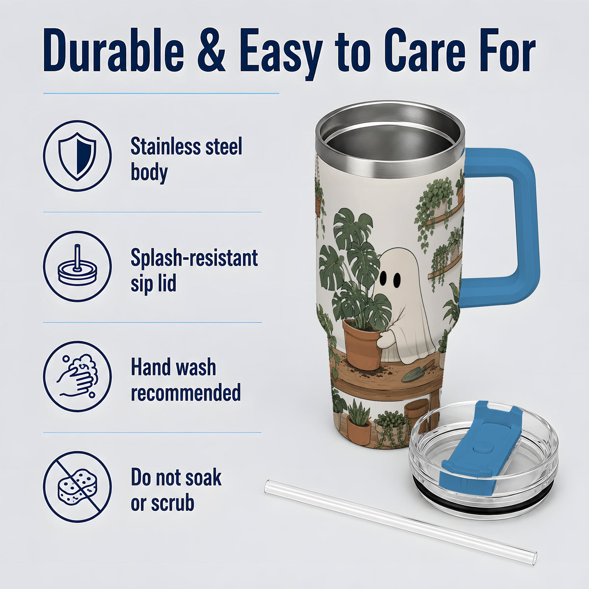 #pl[40oz|Blue] Plant Lover Ghost 40oz Tumbler, Monstera Houseplant Garden Design