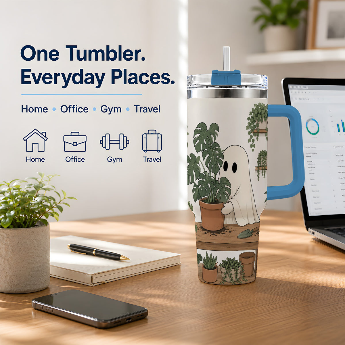 #pl[40oz|Blue] Plant Lover Ghost 40oz Tumbler, Monstera Houseplant Garden Design