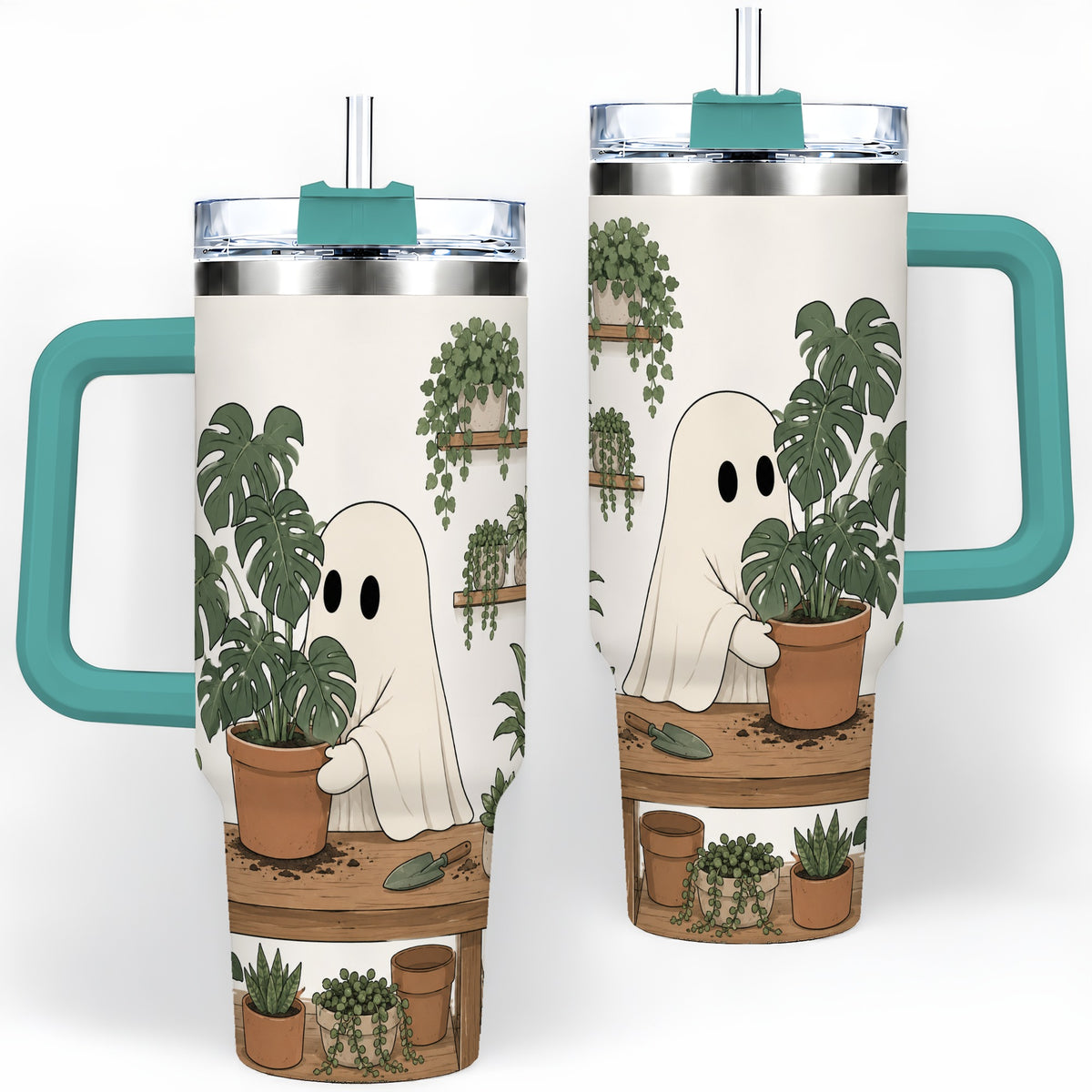 #pl[40oz|Green] Plant Lover Ghost 40oz Tumbler, Monstera Houseplant Garden Design