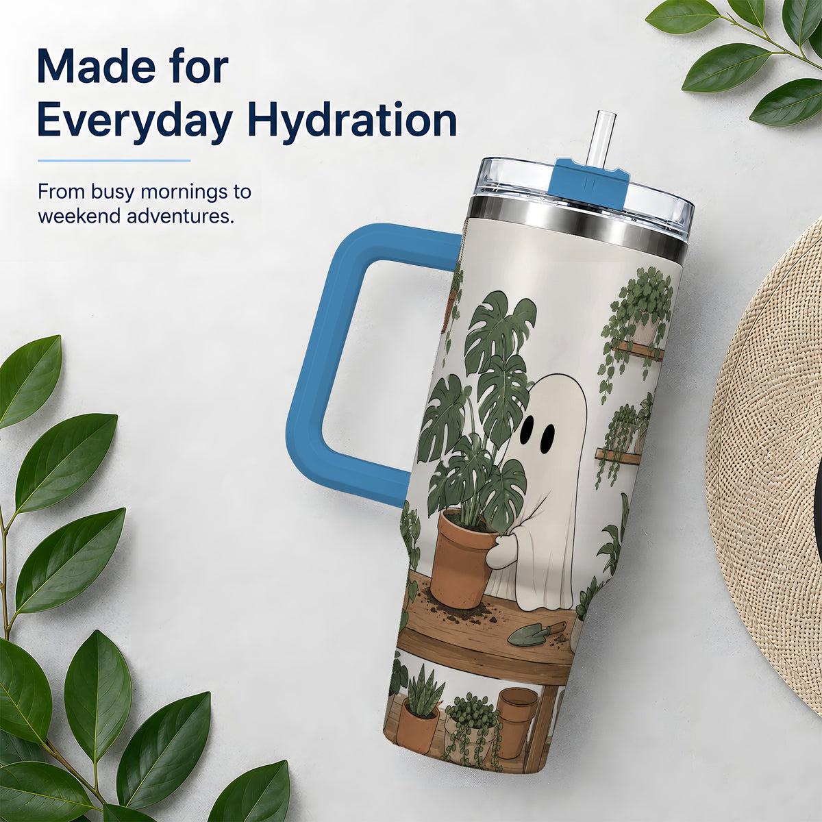 #pl[40oz|Blue] Plant Lover Ghost 40oz Tumbler, Monstera Houseplant Garden Design