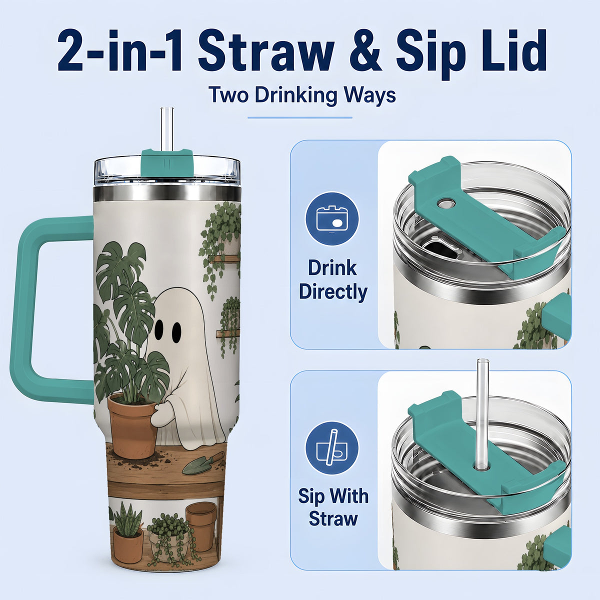 #pl[40oz|Green] Plant Lover Ghost 40oz Tumbler, Monstera Houseplant Garden Design