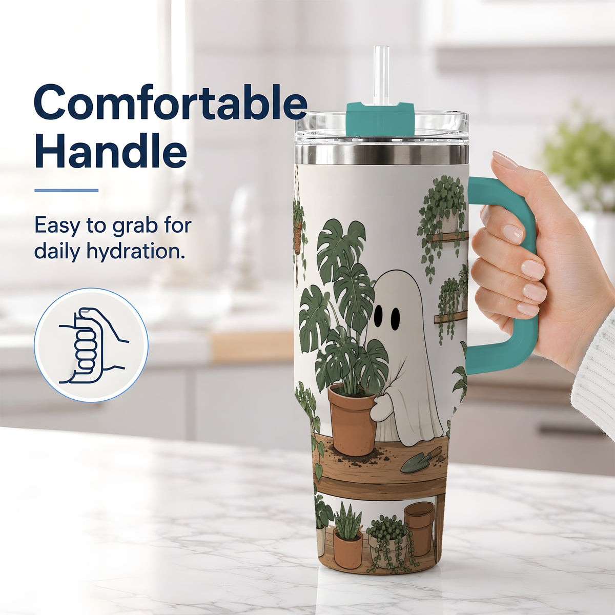 #pl[40oz|Green] Plant Lover Ghost 40oz Tumbler, Monstera Houseplant Garden Design