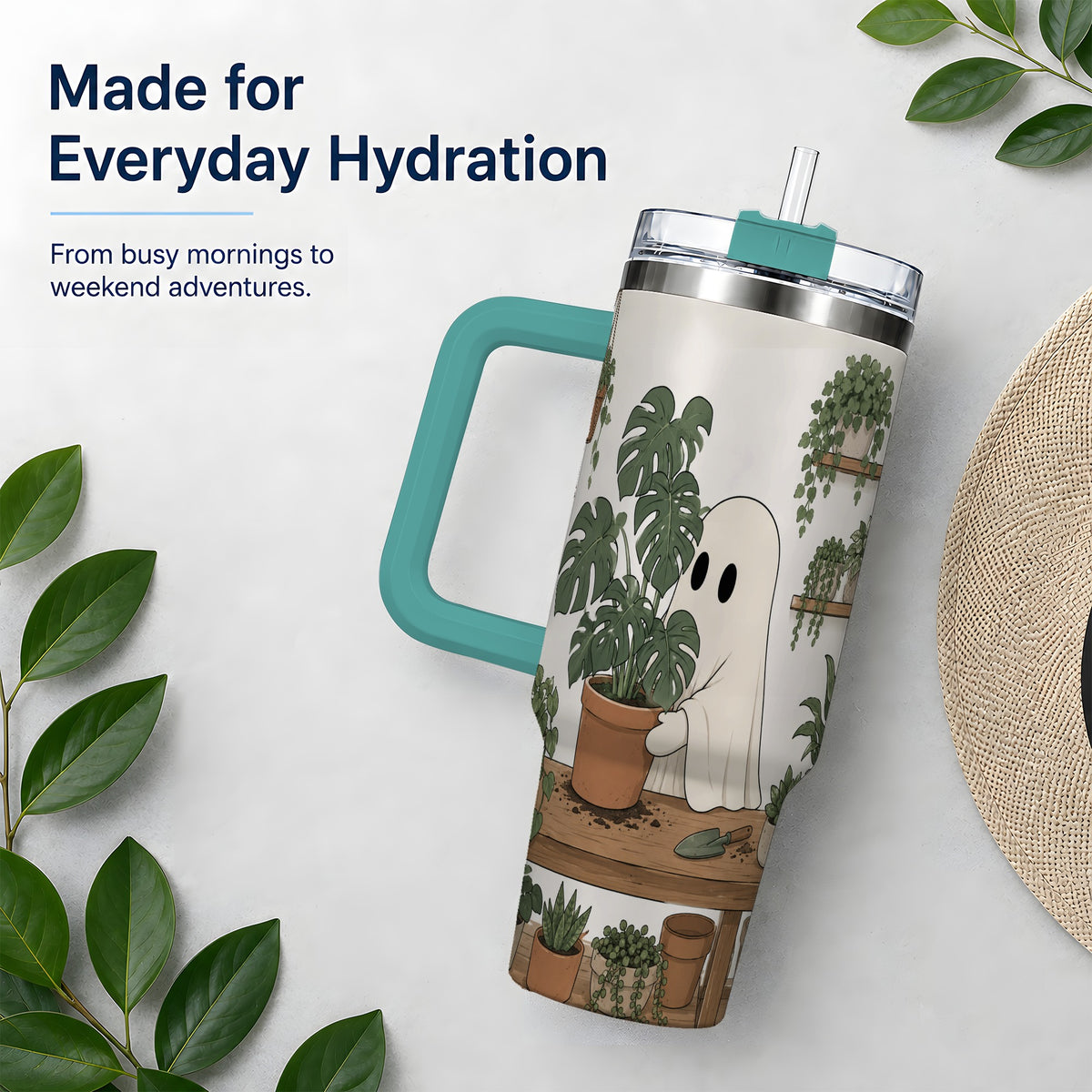 #pl[40oz|Green] Plant Lover Ghost 40oz Tumbler, Monstera Houseplant Garden Design