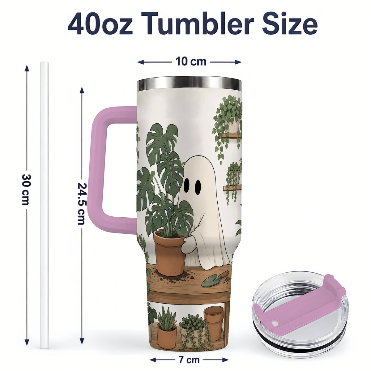 #pl[40oz|Pink] Plant Lover Ghost 40oz Tumbler, Monstera Houseplant Garden Design