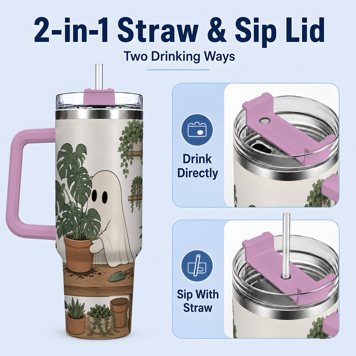 #pl[40oz|Pink] Plant Lover Ghost 40oz Tumbler, Monstera Houseplant Garden Design