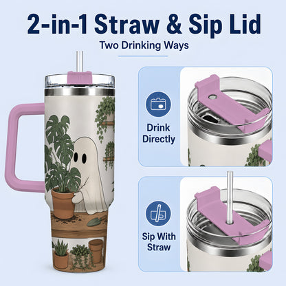 #pl[40oz|Pink] Plant Lover Ghost 40oz Tumbler, Monstera Houseplant Garden Design