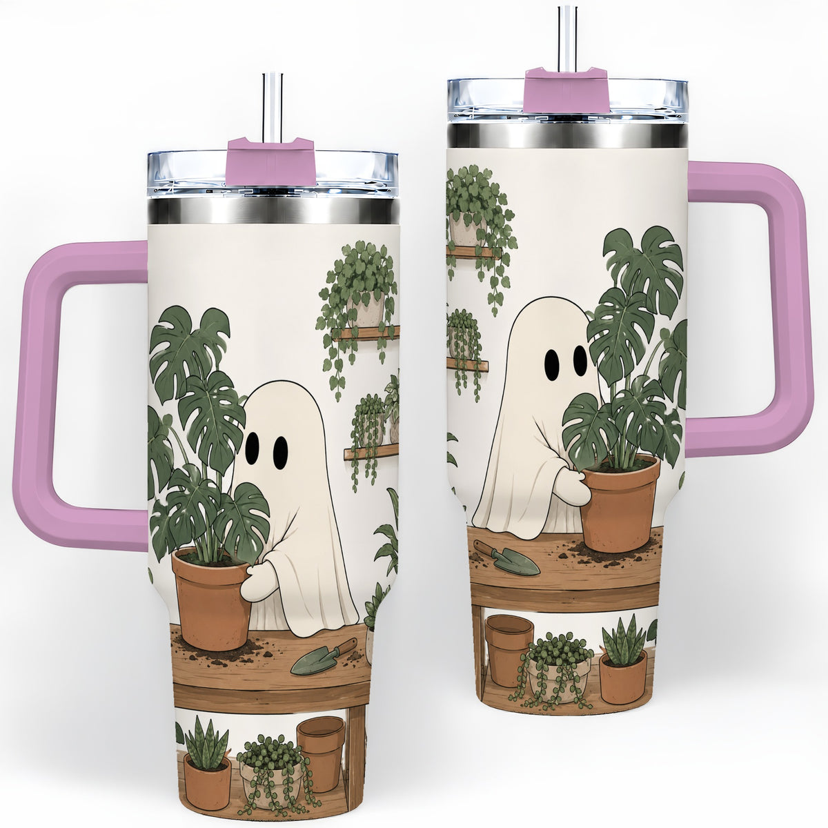 #pl[40oz|Pink] Plant Lover Ghost 40oz Tumbler, Monstera Houseplant Garden Design