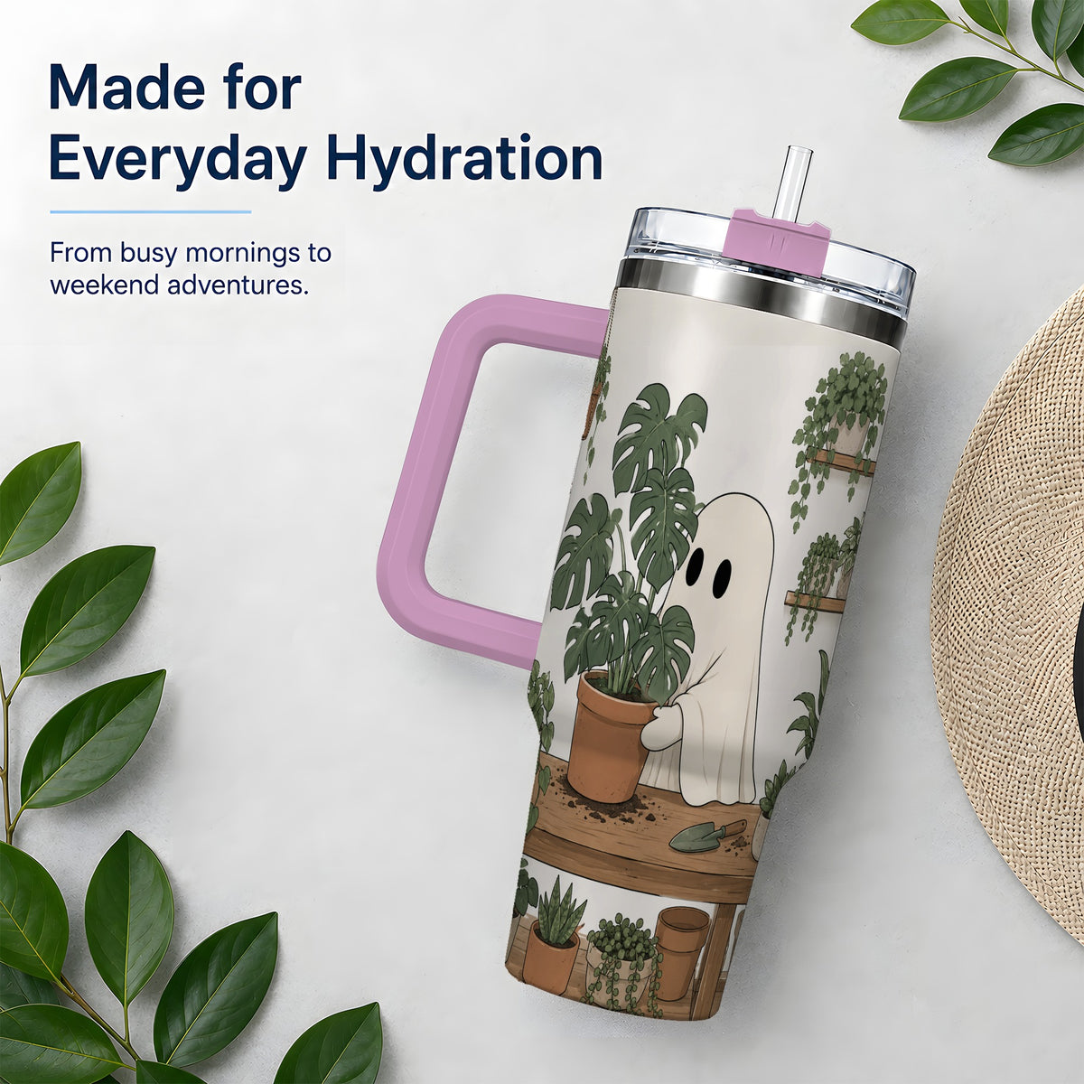 #pl[40oz|Pink] Plant Lover Ghost 40oz Tumbler, Monstera Houseplant Garden Design