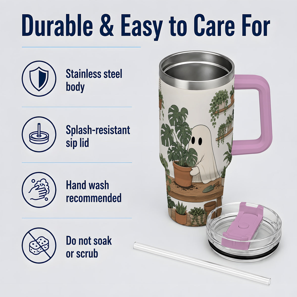 #pl[40oz|Pink] Plant Lover Ghost 40oz Tumbler, Monstera Houseplant Garden Design
