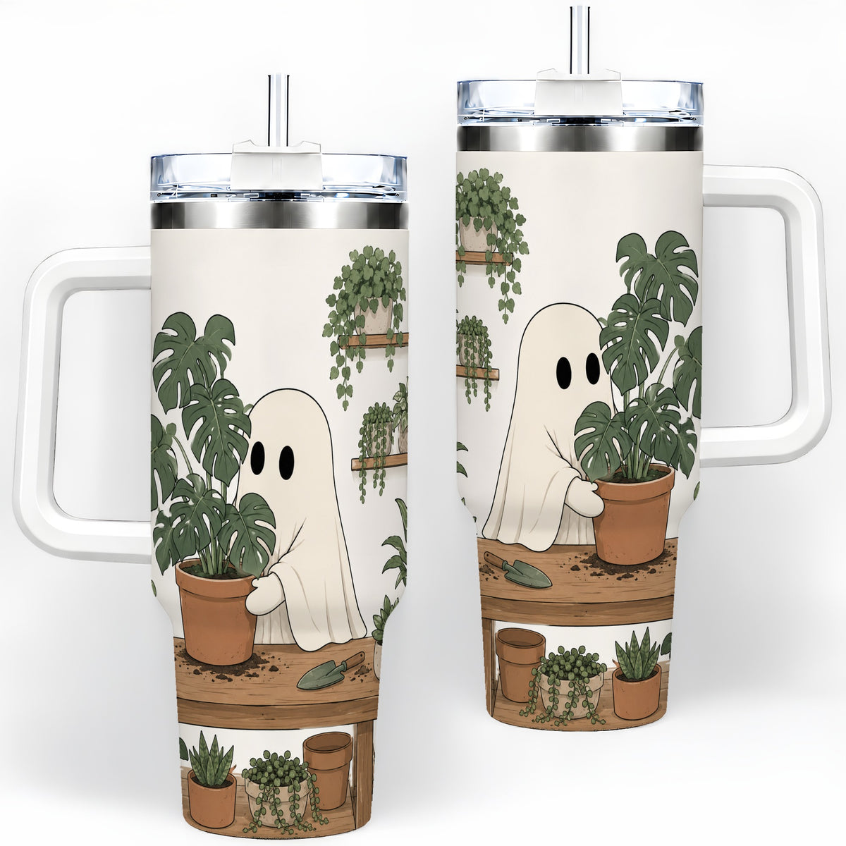 Plant Lover Ghost 40oz Tumbler, Monstera Houseplant Garden Design