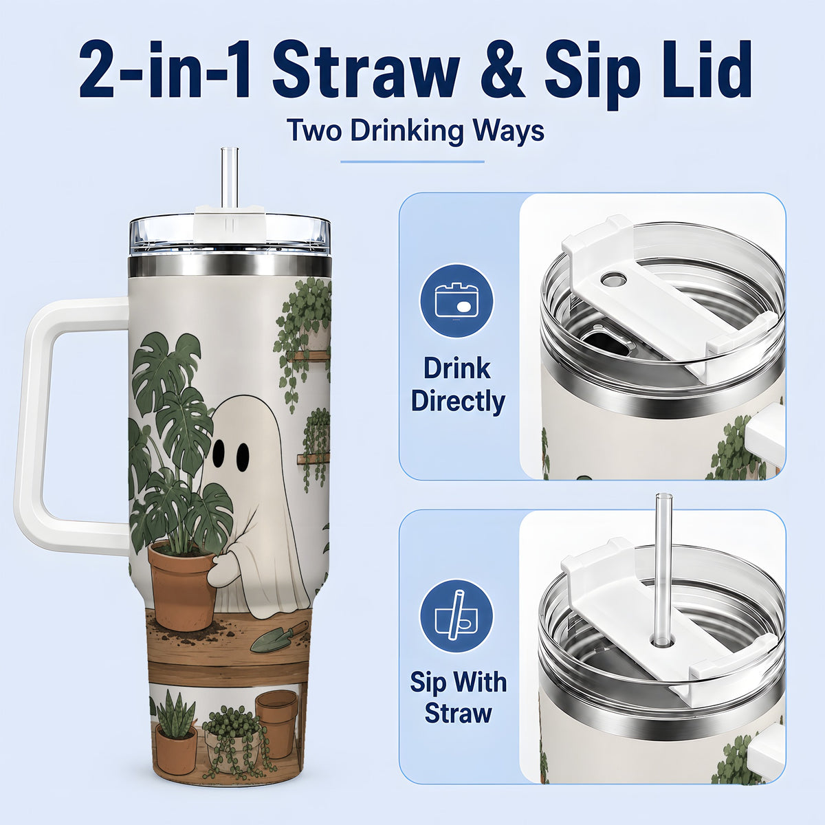 #pl[40oz|White] Plant Lover Ghost 40oz Tumbler, Monstera Houseplant Garden Design