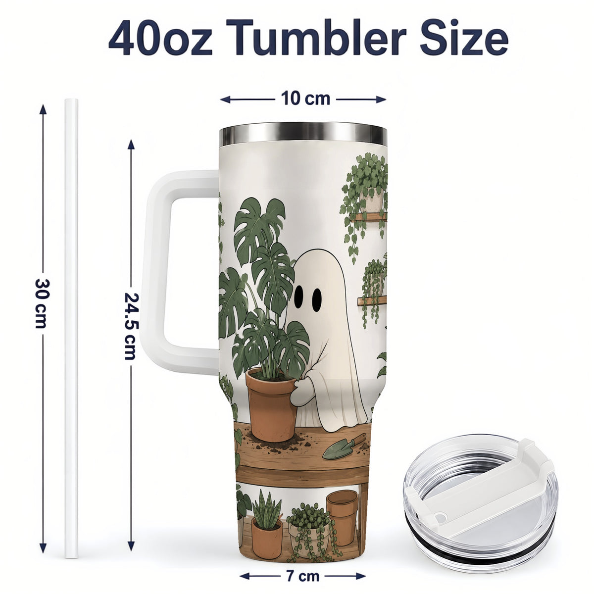 #pl[40oz|White] Plant Lover Ghost 40oz Tumbler, Monstera Houseplant Garden Design
