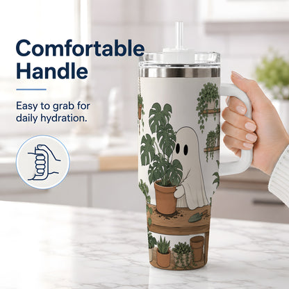 #pl[40oz|White] Plant Lover Ghost 40oz Tumbler, Monstera Houseplant Garden Design