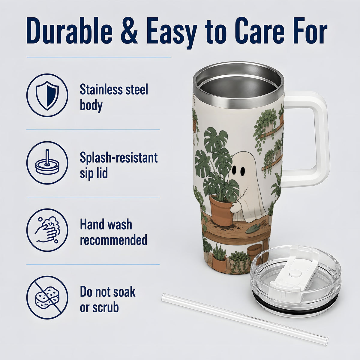 #pl[40oz|White] Plant Lover Ghost 40oz Tumbler, Monstera Houseplant Garden Design