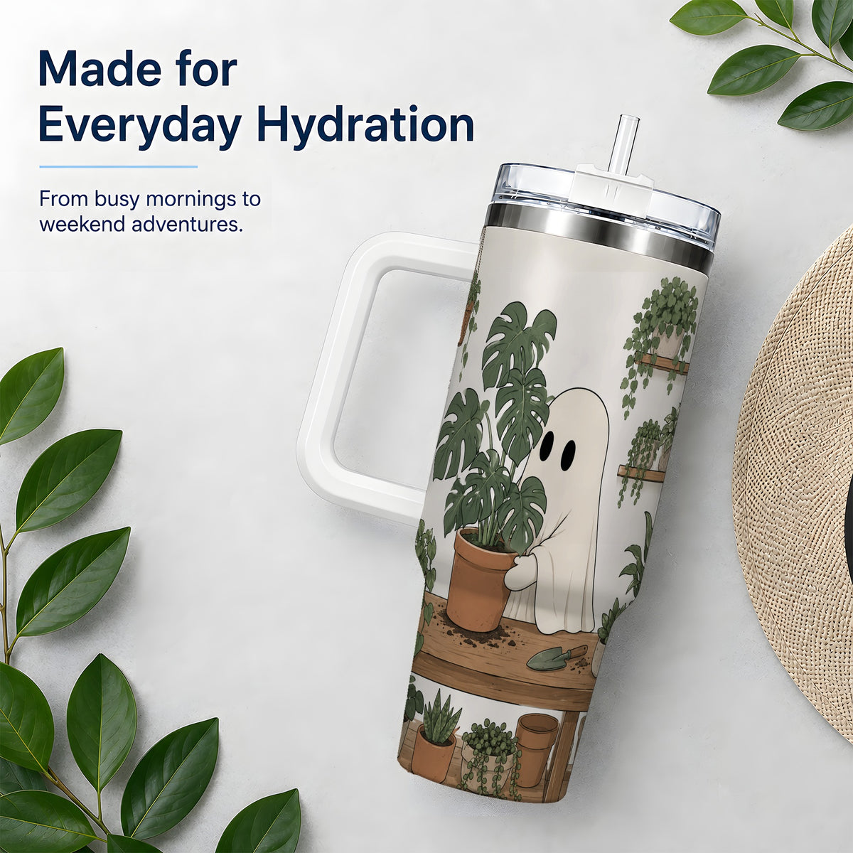 #pl[40oz|White] Plant Lover Ghost 40oz Tumbler, Monstera Houseplant Garden Design
