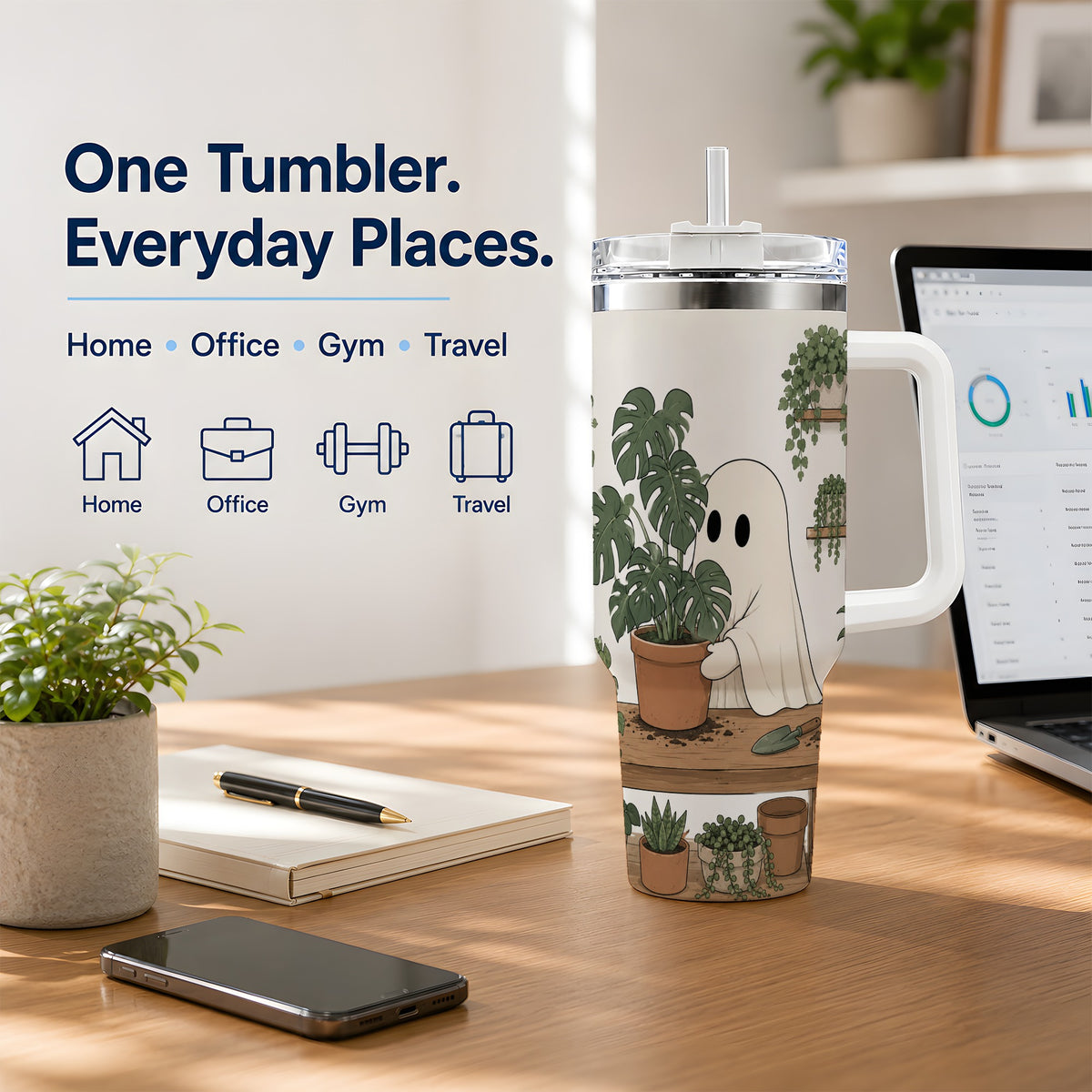 #pl[40oz|White] Plant Lover Ghost 40oz Tumbler, Monstera Houseplant Garden Design