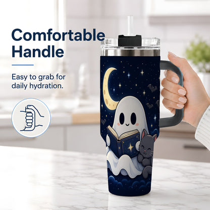 #pl[40oz|Black] Cozy Ghost Book Reading 40oz Tumbler, Black Cat Moon Halloween Design