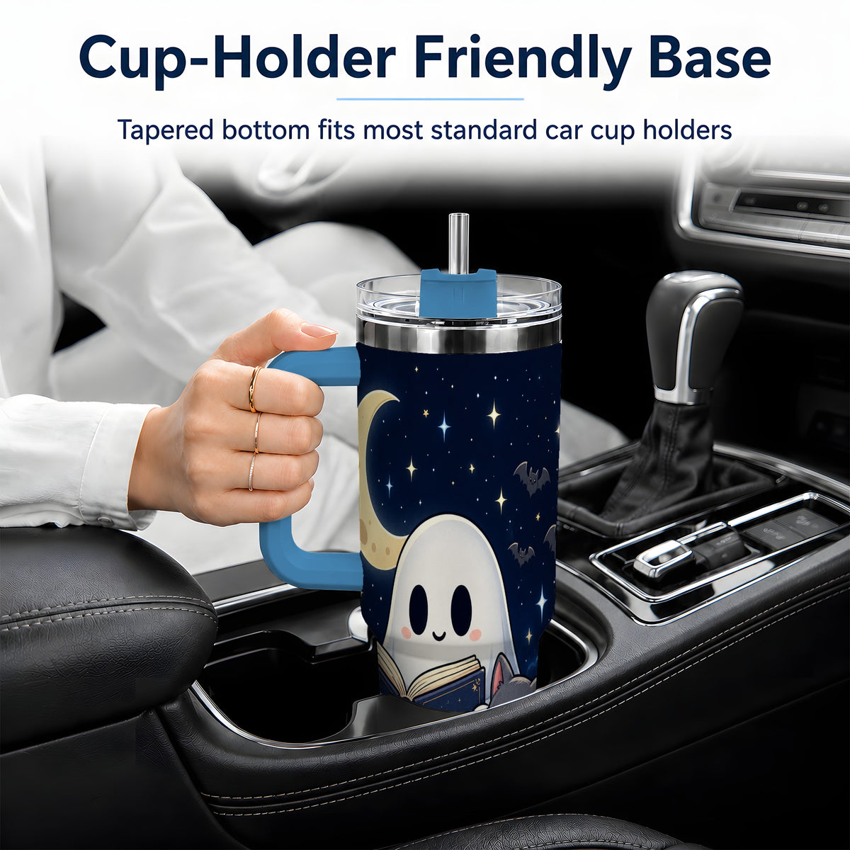 #pl[40oz|Blue] Cozy Ghost Book Reading 40oz Tumbler, Black Cat Moon Halloween Design