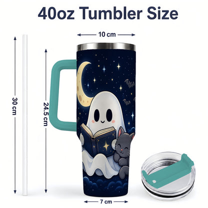 #pl[40oz|Green] Cozy Ghost Book Reading 40oz Tumbler, Black Cat Moon Halloween Design