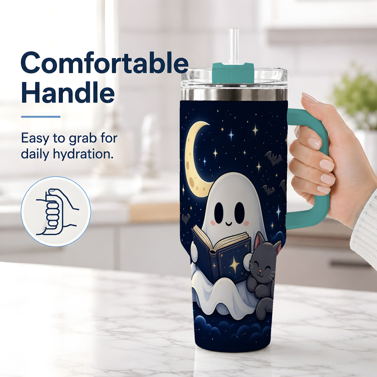 #pl[40oz|Green] Cozy Ghost Book Reading 40oz Tumbler, Black Cat Moon Halloween Design