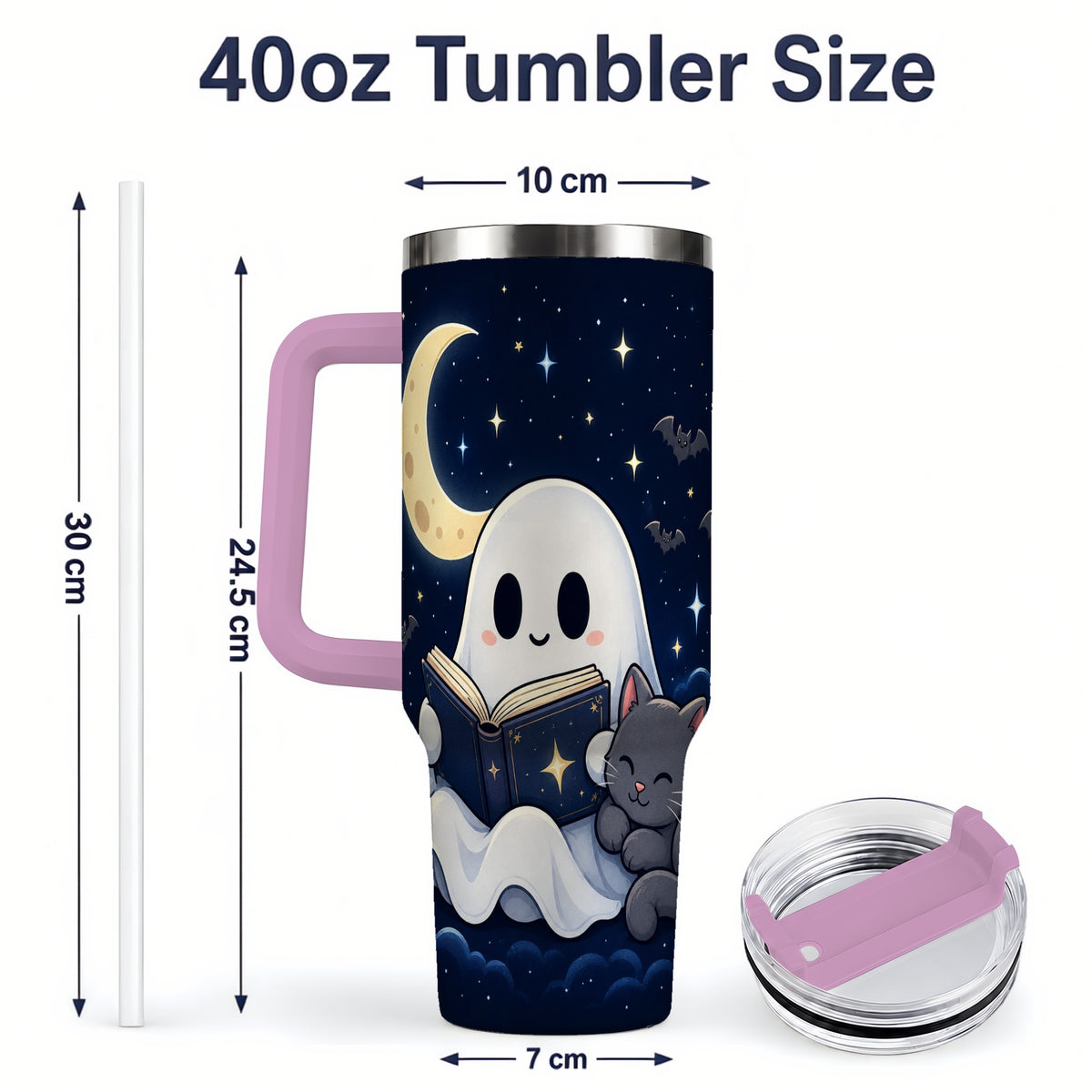 #pl[40oz|Pink] Cozy Ghost Book Reading 40oz Tumbler, Black Cat Moon Halloween Design
