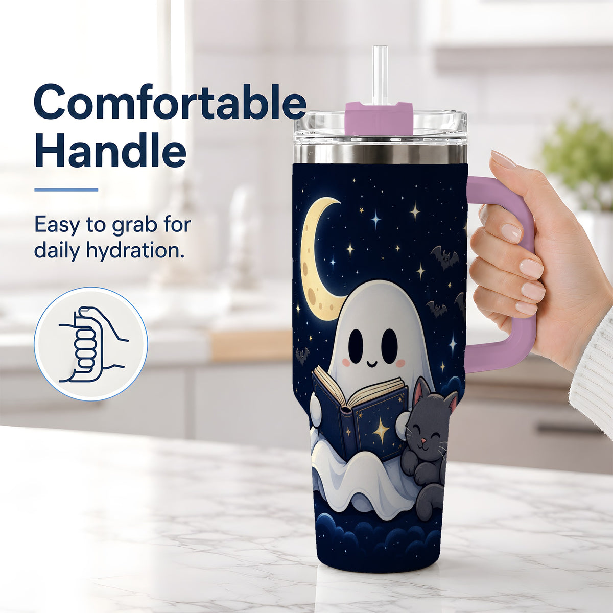#pl[40oz|Pink] Cozy Ghost Book Reading 40oz Tumbler, Black Cat Moon Halloween Design