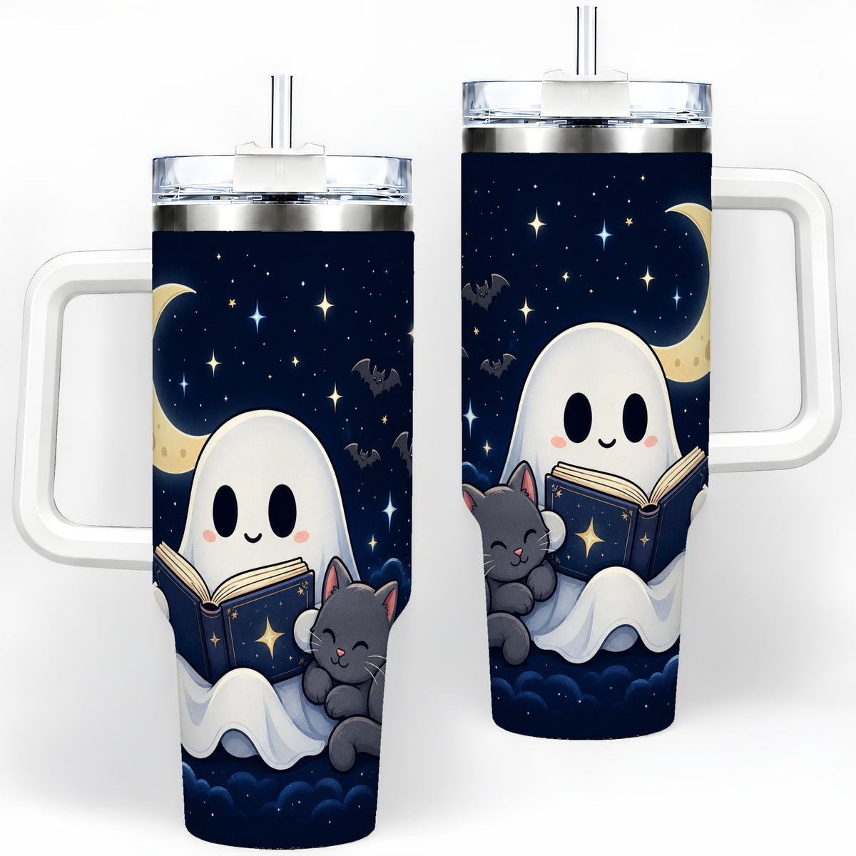 Cozy Ghost Book Reading 40oz Tumbler, Black Cat Moon Halloween Design