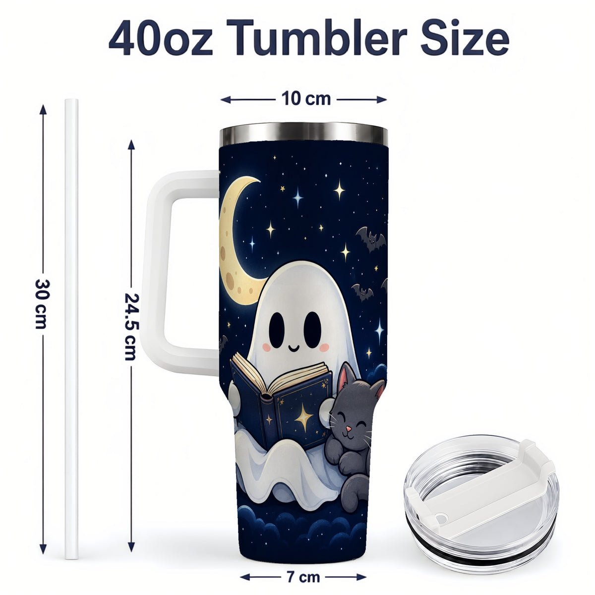 #pl[40oz|White] Cozy Ghost Book Reading 40oz Tumbler, Black Cat Moon Halloween Design
