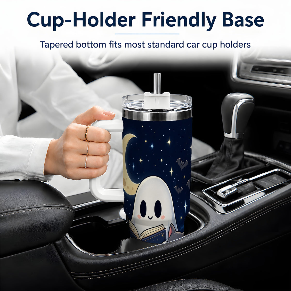 #pl[40oz|White] Cozy Ghost Book Reading 40oz Tumbler, Black Cat Moon Halloween Design