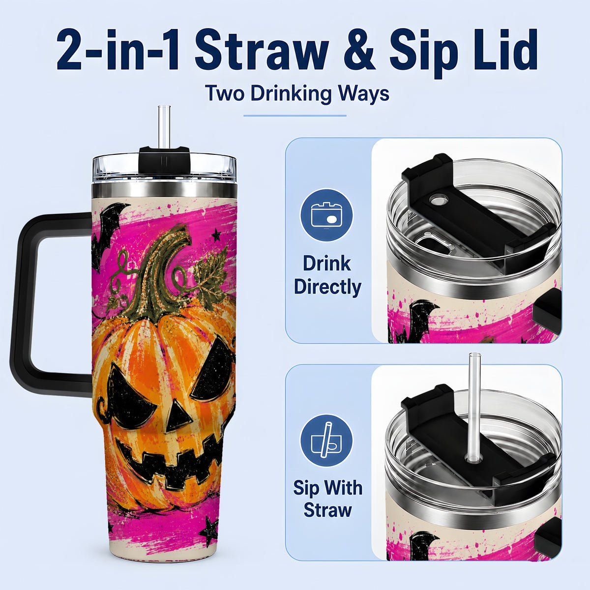 #pl[40oz|Black] Halloween Jack O Lantern Pumpkin 40oz Tumbler, Pink Bat Web Artwork