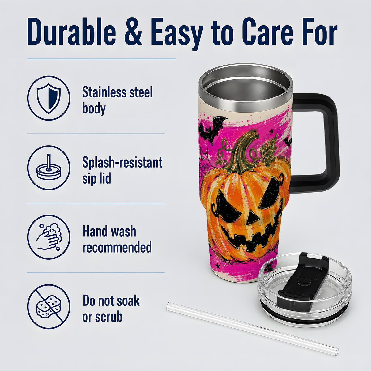 #pl[40oz|Black] Halloween Jack O Lantern Pumpkin 40oz Tumbler, Pink Bat Web Artwork