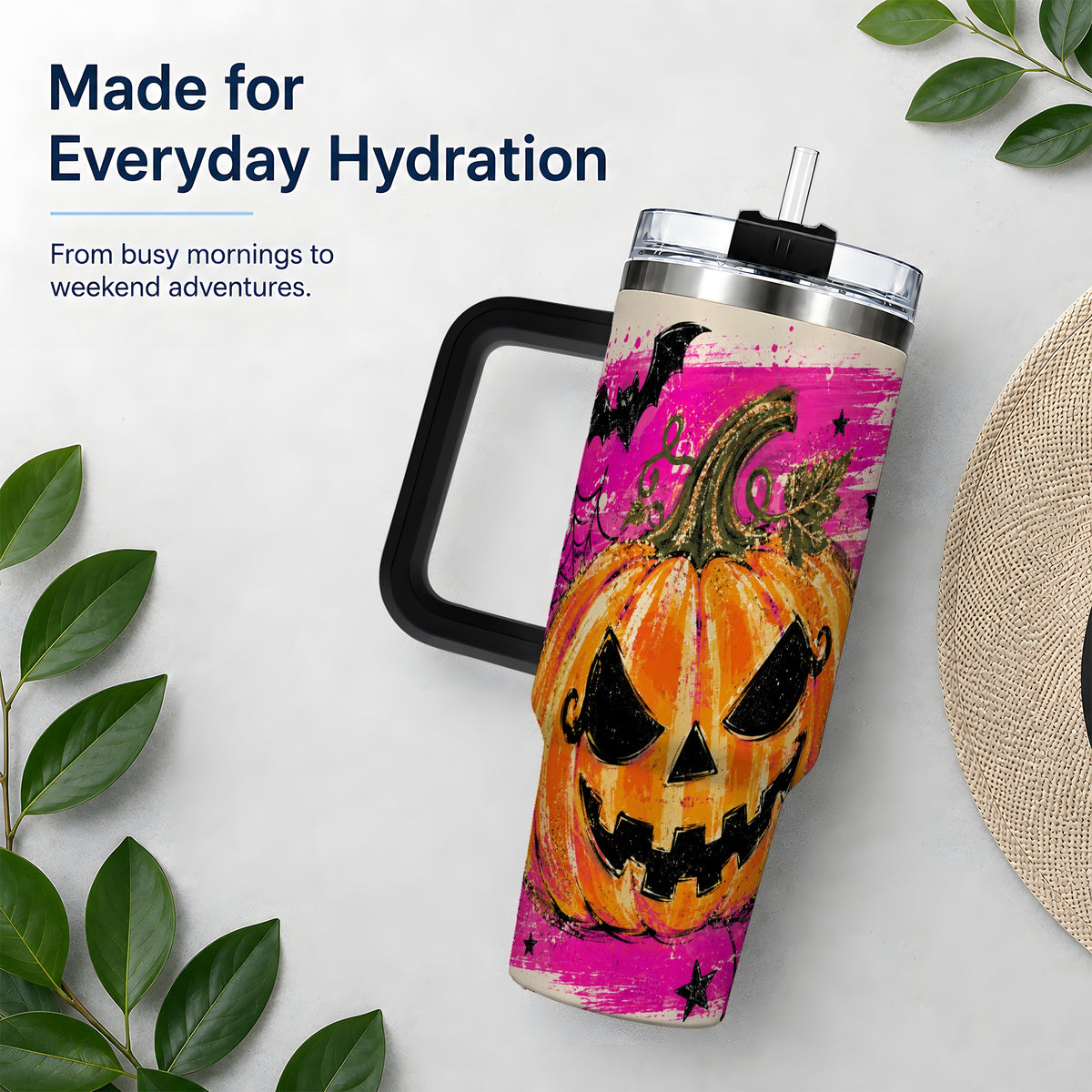 #pl[40oz|Black] Halloween Jack O Lantern Pumpkin 40oz Tumbler, Pink Bat Web Artwork