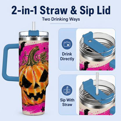 #pl[40oz|Blue] Halloween Jack O Lantern Pumpkin 40oz Tumbler, Pink Bat Web Artwork